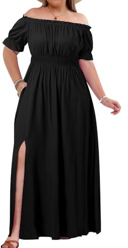Holipick Damen Schulterfreies Boho-Kleid, Übergröße, Blumenmuster, gesmokte Taille, geteilt, Sommer, Maxi-Sommerkleid mit Taschen, Schwarz, 46 Mehr