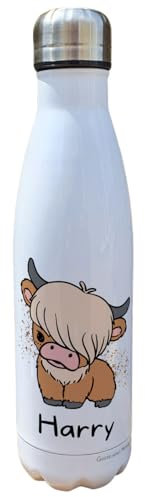 Highland Cow Insulated Bottle Personalised - Gift for Farm Animal Owners & Lover - Personalised Farmyard Thermal Flask - Stainless Steel Water Bottle