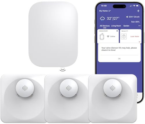 Onherm Detector de Fugas de Agua WiFi (WiFi 2.4G), Alarma de Goteo y Fuga, Alarma de 100dB, Impermeable IP66, Notificación App, Sensor de Agua Inalámbrico, 3 Detectores y 1 Hub