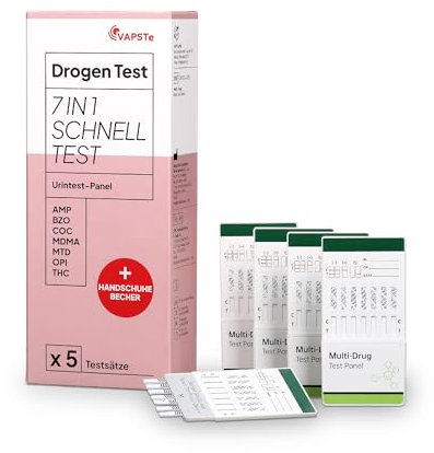 VAPSTe 7-in-1 Urin Drogenschnelltest 5er-Pack SET - Professioneller THC-, COC-, AMP-, OPI-, MDMA-, MTD-, BZO-Nachweis in Profiqualität - Dip-Karten - Alles was Sie brauchen - Schnelles Ergebnis