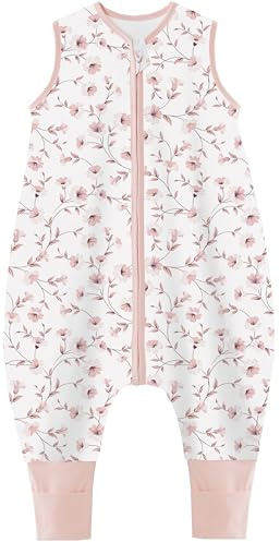 Teechodina Baby Schlafsack mit Füßen 100% reine Baumwolle 1.5 Tog Kinder Ganzjahres Schlafsack mit Beinen kleinkind Schlafanzug für Jungen und Mädchen, 1.5 Tog/Kirschblüte, 70cm/Baby Höhe 80-90cm
