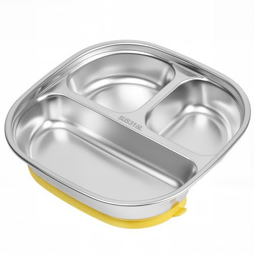 Vicloon Platos de Acero Inoxidable para Bebé, Antideslizantes Platos para Niños con Ventosas, Platos de Bebé Divididos con 3 Compartimentos, sin BPA, Apto para Lavavajillas (Cuadrado)