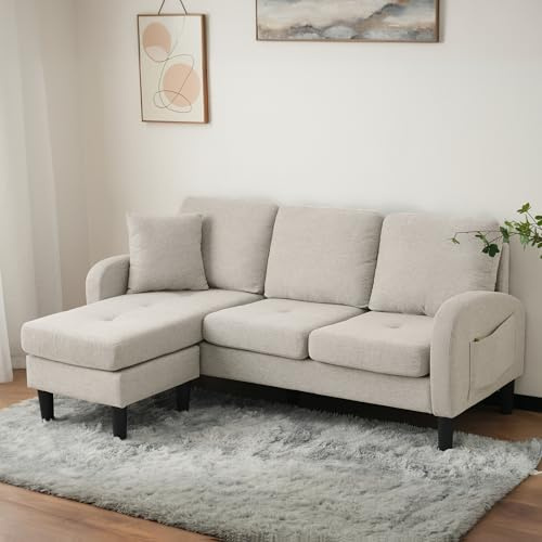 DRIXNO L-förmiges Ecksofa mit Chaiselongue – 3-Sitzer Sofa, 166 x 118 x 77 cm, Atmungsaktiver Baumwoll-Leinenstoff, Kunststoffbeine, Modulares Design.Beige