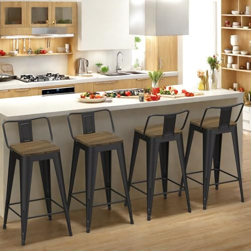 Vinahomar Black Bar Stools Set of 4, Metal Bar Stools with Wooden Seat, Modern 24”Counter Height Barstools with Low Back