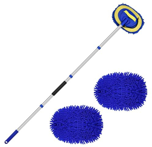 Ravytha Blu Spazzola Lavaggio Auto, Pulizia Auto Esterno con 2 Teste Ricambio, Spazzola per Lavaggio Auto, Mocio per Lavaggio Auto, Spazzola per Autolavaggio Manico Telescopico per Auto Camper(157cm)