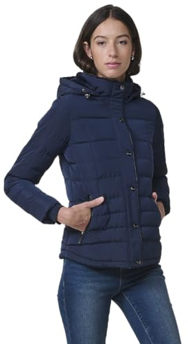 Koroshi Giacca imbottita da donna in colore navy con collo alto, cappuccio rimovibile e fodera effetto pelliccia. Capo caldo e funzionale con uno stile urbano e moderno., blu, M
