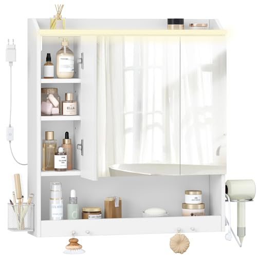 HEXCELEN 15 x 70 x 78,8 cm, Meuble de Salle de Bain avec Miroir et LED, Armoire Murale Salle de Bain, 3 Portes avec Étagère Réglable, Support Sèche-Cheveux, Crochets, Blanc