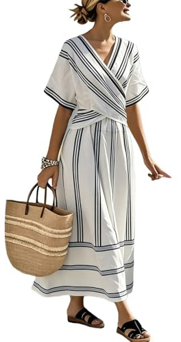 Zeiayuas Summer Dress for Women UK Striped Shirts Dresses Boho Beach Maxi Dresses V Neck Half Sleeve Oversized Tunic Baggy Casual Long Dress Floaty Summer 3/4 Sleeve Sundress for Office Work