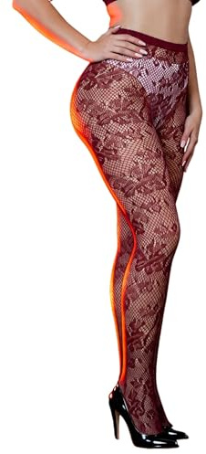 ohyeahlady Fishnet Tights Womens Lace Patterned Fish Net Stockings XS-5XL | Plus Size, Stretch, Wide Waistband, Sheer, High Stockings, Pantyhose, Black/Burgundy