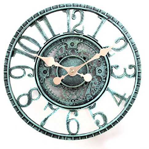 Lily's Home Hanging Wall Clock, Steampunk Gear and Cog Design with a Pewter Finish, Ideal for Indoor or Outdoor Clock, Poly-Resin (12 Inches Diameter)