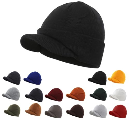 Magracy Unisex Men's Warm Soft Visor Beanie Outdoor Double Knit Hat with Peak Winter Hat Black