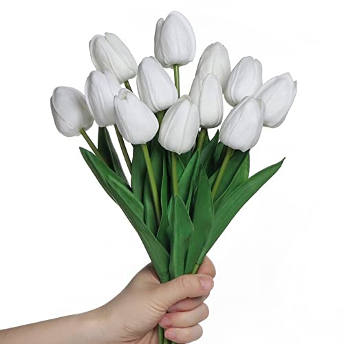 Anaoo 12pcs Tulipán Artificial Blanco de látex, Ramo de Flores Artificiales de Novia para el hogar, Boda, Fiesta, decoración de Oficina, arreglos Florales,