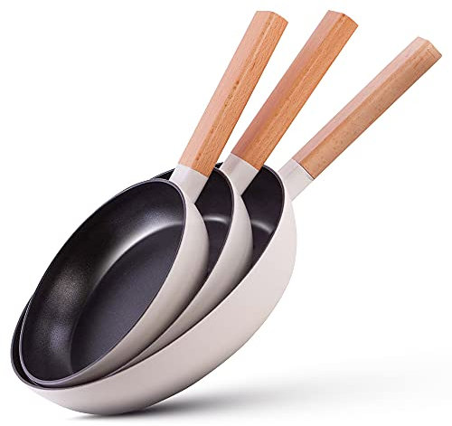 La Moustache - Set mit 3 Antihaft-Pfannen aus Aluminiumguss - Pfannengrößen 20/24/28 cm - Einfache Reinigung - Ergonomische Griffe - Geeignet für Jede Herdart (Andes)