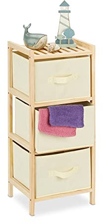 Relaxdays Badregal mit 3 faltbaren Körben, Aufbewahrung, kleines Korbregal, Holz, HBT: 65 x 28 x 25,5 cm, natur/beige