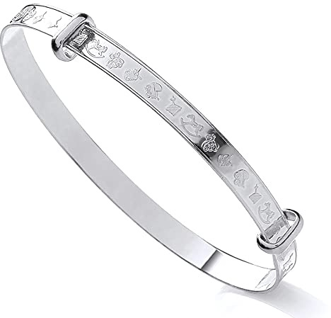 Old English Jewellers Pulsera expansible de plata de ley maciza para bebé, patrón de guardería