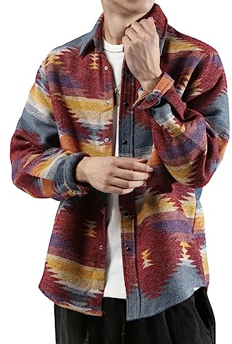 FindThy Men’s Brushed Flannel Shirts Ethnic Aztec Print Button Up Lapel Tribal Shirt Jacket Shacket(0682-Red-L-LB)
