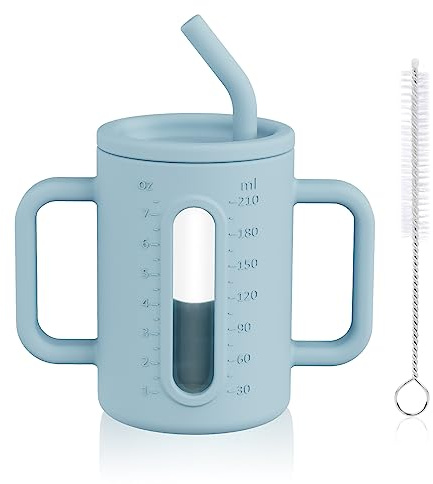 HOTUT Silikon Schnabeltasse, Kleinkinder Glasbecher mit Silikonhüllen,Strohhalme und Strohbürste,210 ml Trinkbecher für Kinder mit 2 Griffen,Abnehmbare Kleinkind Becher -Blau