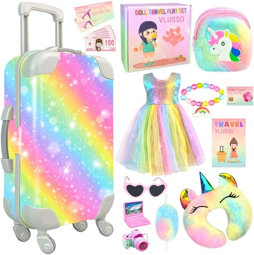 19Pcs 18 inch Girl Doll Accessories Case Luggage Travel Play Set with Doll Clothes Camera Travel Pillow Bag Dress Glasses Doll Stuff Fit 18 inch Doll Christmas Birthday Gift