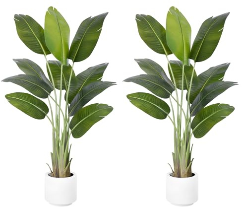 ZEEOZE 2Pcs Artificial Bird of Paradise Plant 150cm Tall Fake Tropical Palm Tree Large Fake Plants with 10 Silk Banana Leaves Faux Plant Indoor Trees with White Pot for Home Bedroom Living Room Decor