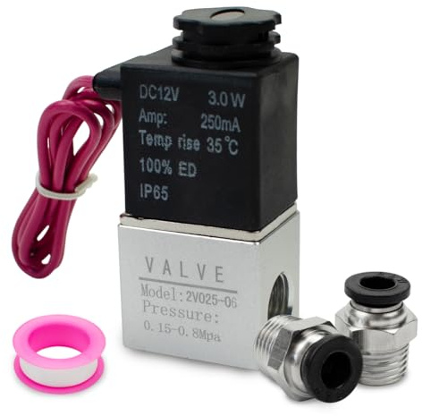 Innfeeltech 1 st elektrisk pneumatisk magnetoidventil 2V025-06-DC12 V 2-vägs 2-vägs 2-vägs BSP 1/8 med 2 st PC6-01 och 1 rött teflonband, typ trådladdning