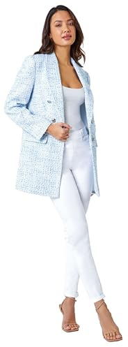 Roman Boucle Blazer for Women UK Ladies Frayed Edge Tailored Longline Rever Collar Jacket Lapel Stretch Smart Office Work Party Night Going Out Lined Classic - Light Blue - Size 10