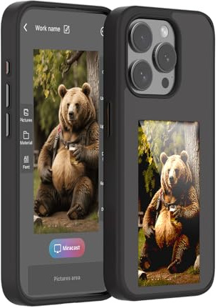 KSOPUERT Verbesserte 4 Farben Smart e Ink Bildschirm Telefon Schutzhülle für iPhone 16 Pro Max, DIY Bildanzeige auf der Telefonhülle NFC Übertragung (Schwarz)