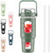BLUEGO 960ml Gourd en verre Avec paille Marqueur de temps Bouteille d'eau Motivation avec manchon en silicone 1 litre Grande carafe d'eau en Verre pour Gym, sports et entraînement, Olive