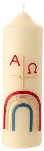 Holyart Candles, Large Candles: Paschal Candle with Rainbow on a Cross, Alpha and Omega, 6.5x2 in