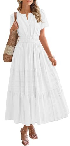 BTFBM Womens Summer 2026 Casual Midi Maxi Dresses Lightweight Short Sleeve V Neck Elastic Waist Boho Beach Dress Pockets(White, X-Large)