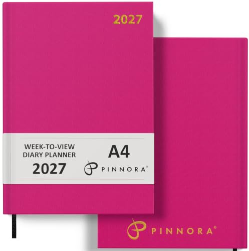 Pinnora 2027 Diary A4 Week to View, Deep Pink Year Planner Organiser 2027 Week To View, 2027 Planner, Home, School & Office, Hard Back 2027 Diaries, A5 & A4 2027 Diary in Day Per Page & Week To View