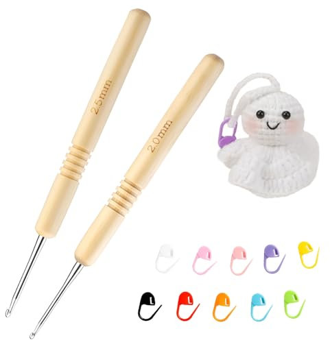 2,0 mm/2,5 mm Häkelnadel Set, 2 Stück Häkelnadel Holz,Mit 10 Schnalle Markieren,Ergonomische Häkelnadel Holzgriff Set für Anfänger zum Häkeln Häkelgarn Pullover Mützen Schal