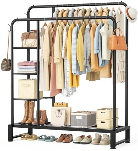 Double Rods Clothes Rack Clothing Rack with 4 Tier Storage Shelves Clothes Rack for Hanging Clothes Multifunctional Heavy Duty Clothes Organizer with Hooks for Bedroom,Wardrobe Closet,Shop,Black