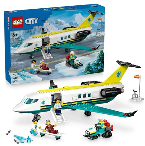 LEGO City Emergency Air Ambulance Airplane Toy - Medical Plane Model - 3 Minifigures incl. a Doctor and Pilot, plus a Snowscooter, Stretcher & Tools, Gift for 6+ Year Old Boys - 60465
