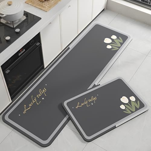 Highdi Tappeto Cucina in Diatomite, Grigio Moderno Passatoia Cucina Antiscivolo, Tappeti Runner Lavabile Assorbimento, Tappetino per Doccia per Soggiorno Bagno Camera da Letto (Tulipani,40x160cm)
