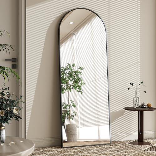 BEAUTYPEAK Arched Floor Mirror with Stand, 142x52 cm Aluminum Alloy Frame Full Body Mirror, Standing Hanging or Leaning Against Wall for Wall Bedroom Bathroom Decor, Black