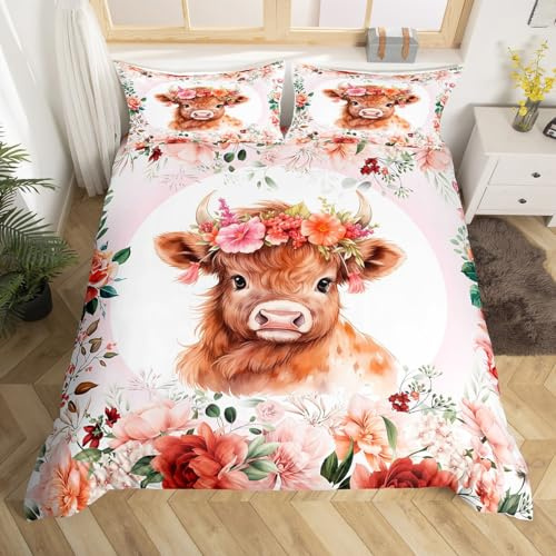 Loussiesd Cute Highland Cow Bedding Set Kids Cartoon Animal Comforter Cover for Boys Girls Teens Flower Floral Print Bed Cover Farm Zoo Garden Theme 2Pcs Single