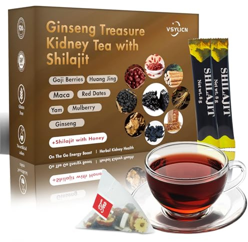 Shilajit Maca Kidney Tea Formula Ginseng Six Treasure Tea, Shilajit Honey Sticks for Men, Ginseng Six Treasures Kidney Cleanse Traditional Healthy Cleansing Zhu Gen Wu Bao Cha Teabags for Men & Women