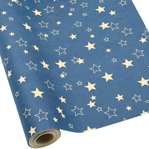 FMDPZUP 43cm*15m Blue Star Wrapping Paper Roll, Blue Xmas Gift Wrap Paper for Packing Present,Eco Birthday Paper