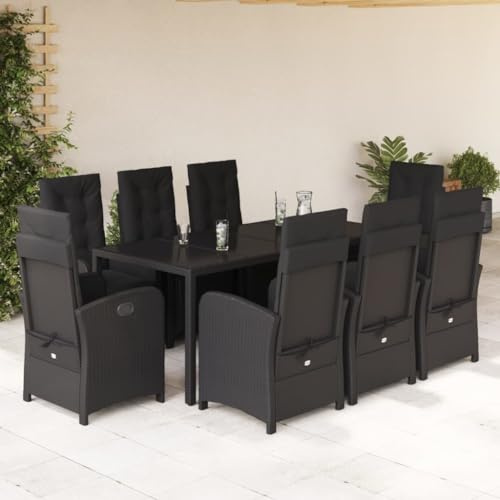 9-TLG. Gruppo da giardino in polyrattan nero, sedie regolabili, tavolo in vetro, per terrazze, balcone, giardino