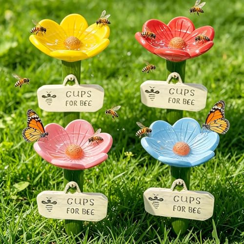Bee Watering Station, 4Pcs Cups for Bees, Flower Shaped Bee Cups for Garden, Colorful Bee Butterfly Pollinator Drinking Cup Feeders with Stake Base, Outdoor Waterer for Gardens, Yard