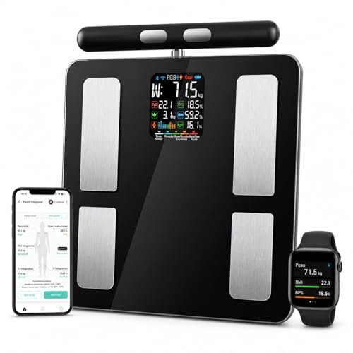 Báscula Inteligente bluetooth, Análisis Corporal Completo,%grasa corporal, músculo, 8 Electrodos de Alta Precisión, Métricas detalladas, App en Español, hasta180 kg