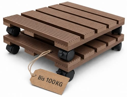 Suusolny Set di 2 rulli per piante in WPC, quadrati, 30 cm, con ruote a 360° e freno, resistenti alle intemperie, per uso interno ed esterno, resistente alle intemperie, portata fino a 100 kg, marrone