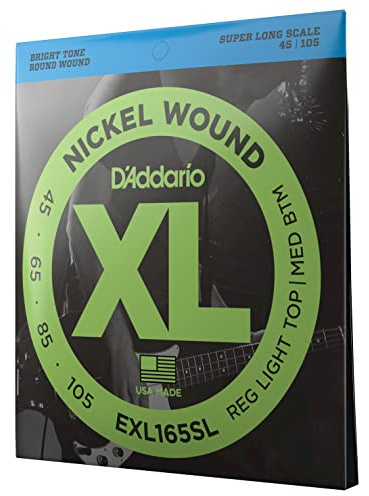 D'Addario E Bass gitarrsträngar – strängar E bas – basgitarr strängar – E bassträngar – bas gitarrsträngar – EXL165SL – Custom Light, 45–105 – Super Long Scale | XL Nickel bas gitarrsträngar ger ljus ton, konsekvent känsla, pålitlig stämningsstabilitet och långvarig prestanda.
