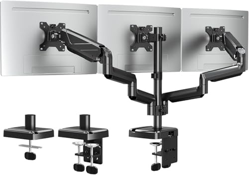ELIVED Triple Monitor Arms - Adjustable Gas Powered Desk Mount for 3 Monitors - 13-27 Inch, VESA 75x75/100x100, C-Clamp and Grommet Base
