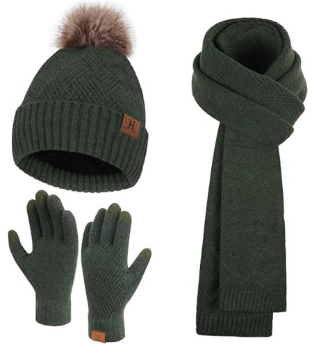 Bequemer Laden Damen Winter Warm Mütze Touchscreen Handschuhe und Lang Schal Set mit Dick Fleece Gefütterte, Thermo Wintermütze Strickmütze Beanie Schals Winterhandschuhe Strickhandschuhe, Armeegrün