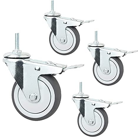 NOYORO Satz Von 4-lenkrollen, 75mm Stabrollen, Geräuschlose Gummi Schwerlastrollen, Gewinde M8 Möbelrollen, Rollen Mit Bremsen, Für Einkaufswagen, Werkbänke, Karren