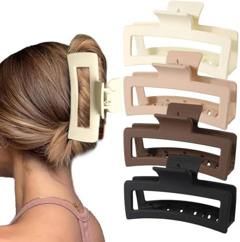 4 PCS Extra Large Claw Clips for Women Thick Hair, Big Square Hair Clips | 5 Inch Jumbo Hair Clips for Long Curly Hair, Matte Finish, Non-slip Strong Hold XL Oversized Hair Claw Clips, Natural Colors