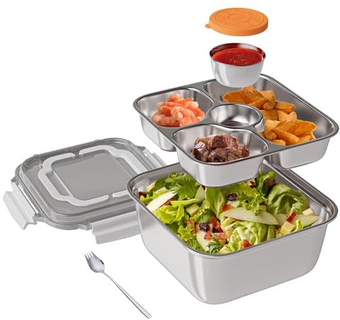 OCPO Kitchen Lunchbox Erwachsene, Edelstahl Brotdose Groß 2200ml, Lunchbox Auslaufsicher Brotzeitdose mit Fächer, Salatbox to go, Bento Box Edelstahl mit Gabel für Arbeit Schule Picknick (Weiß)