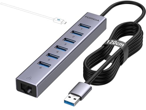 8Ports USB3.0 Hub, USB-zu-Netzwerk-Hub mit 6 3.0 Ports Gigabit-Ethernet-Port und 5V/3AStromanschluss,Aluminiu merweiterung Netzwerkadapter für Laptop, IMAC, PC, USB-Flash-Laufwerke usw (Dunkelgrau)