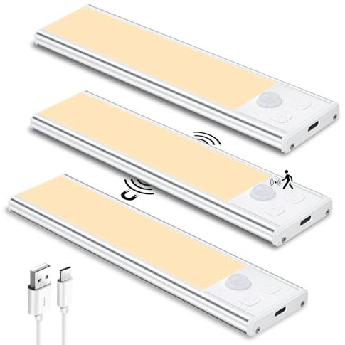Schrankbeleuchtung Unterbauleuchte Küche LED, Nachtlicht mit Bewegungsmelder Innen[3 Stück]LED Lampe USB, Schranklicht Schrankleuchten Sensor für Küche, Kleiderschrank, Treppe, Schubladen, Weinschrank